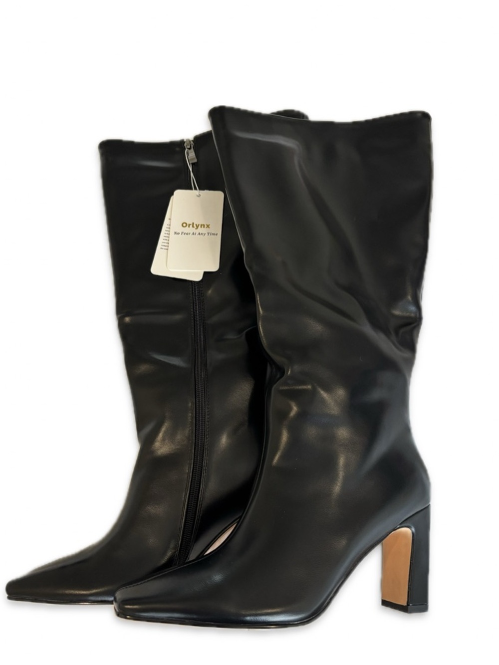 ORLYNX Black Pointed-Toe Mid-Calf Block Heel Boots